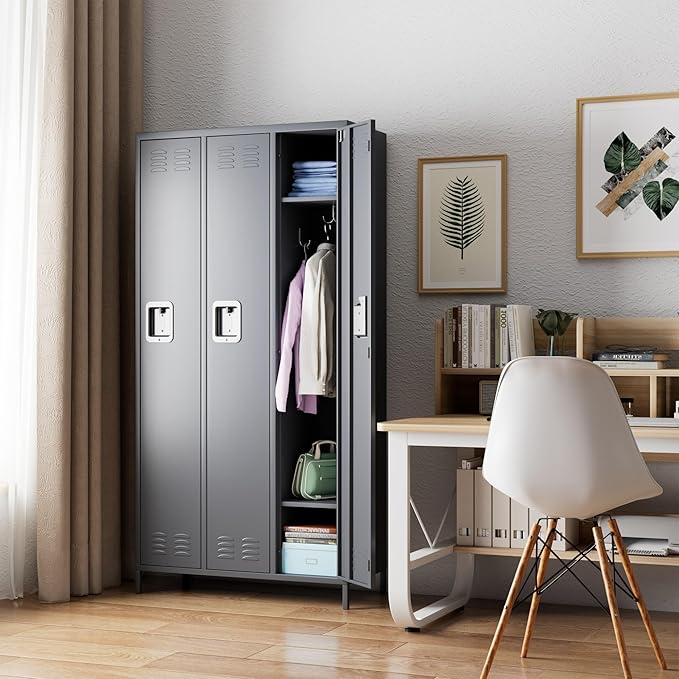 Metal Storage Locker, 72" inch Tall Employee Locker with 3 Doors for Employees School Hospital Garage Gym Home Office with Hooks Requires Assembly (Dark Gray)