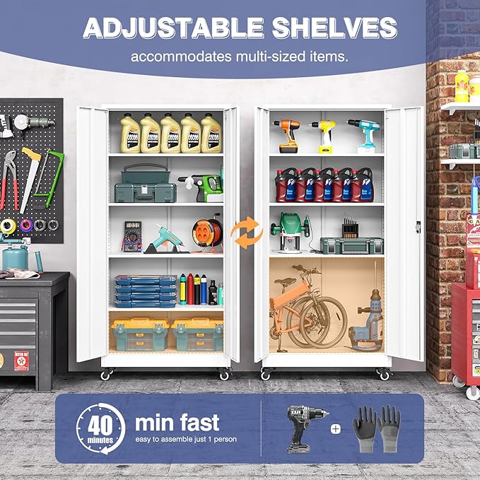 Metal Storage Cabinet with Wheels, Tall Garage Storage Cabinet with 4 Adjustable Shelves and 2 Doors, Lockable Tool Cabinet for Garage Home Office,Gym,School (White)