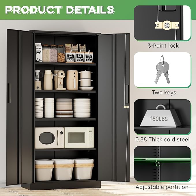 INTERGREAT Metal Storage Cabinet with Lock, 61" H Metal Cabinets Storage with 2 Doors and 4 Adjustable Shelves, Locking Garage Cabinet for Home Office, Kitchen, Bathroom (Black)