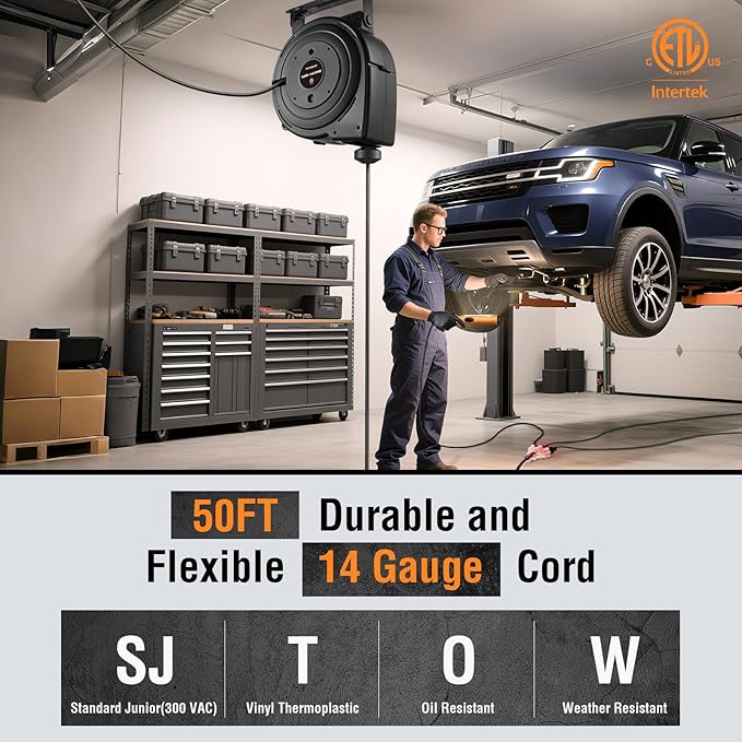 SURAIELEC 50FT Retractable Extension Cord Reel, 14AWG/3C SJTOW Heavy Duty Power Cord with Lighted Triple Tap, 13A Circuit Breaker, Ceiling/Wall Mount for Garage, Shop, Workshop, ETL Listed, Black