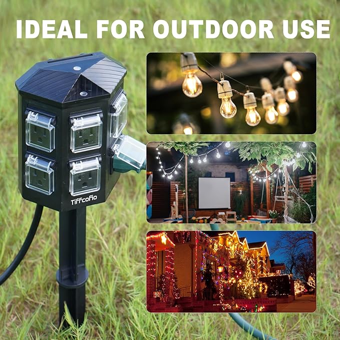 TiFFCOFiO Outdoor Power Strip with Stake Waterproof, 15 FT Extension Cord, 6 Grounded Outlets for Outdoor Lights, 14 AWG, 15A/1875W, ETL Listed