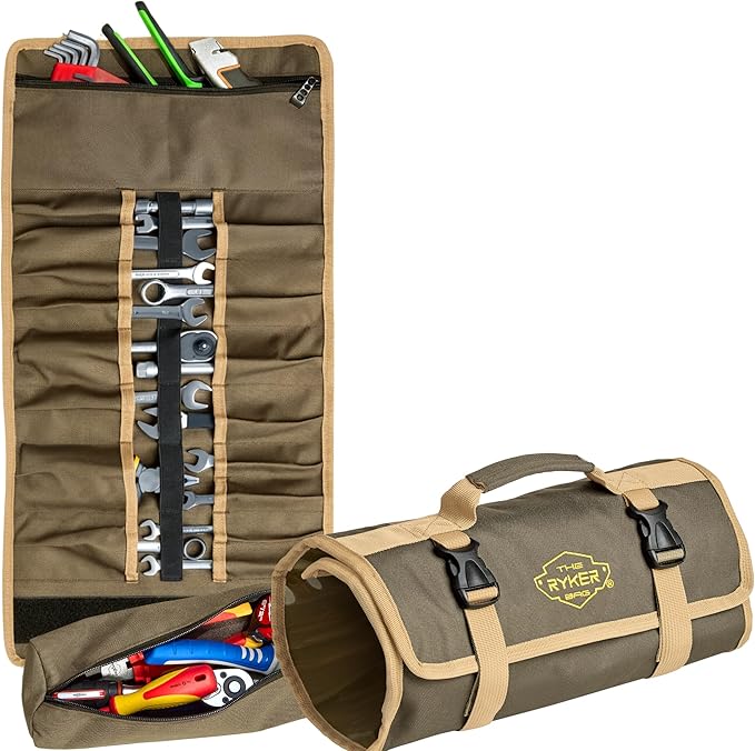 The Ryker Bag Simple Tool Roll Heavy-Duty Canvas Tool Organizer, Tool Roll Organizer Gifts for Dad Roll-Up Tool Bag w/Multiple Pockets for Wrenches, Sockets & Hand Tools for Mechanics & Electricians