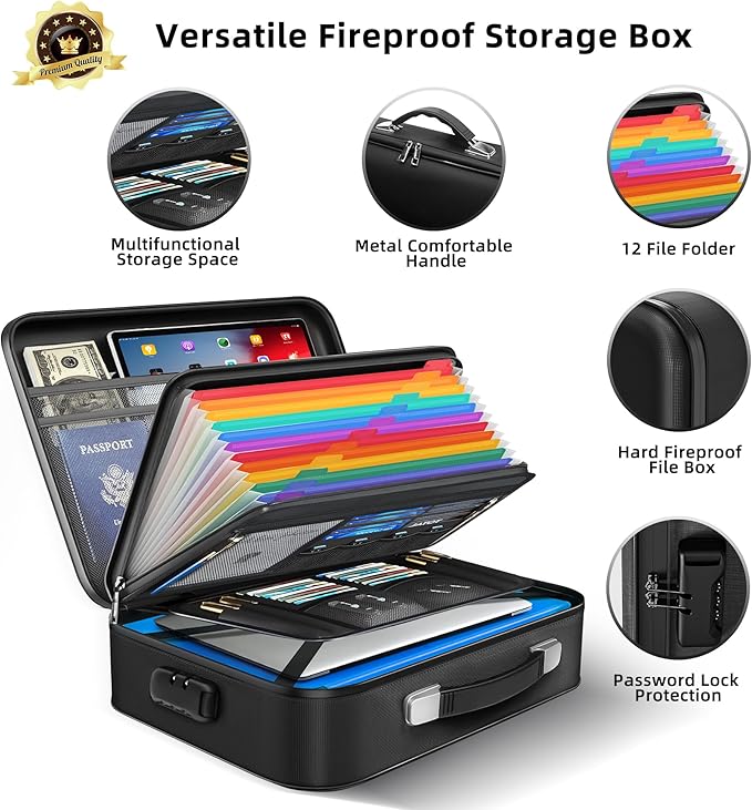 Fireproof Document Box - 8-Layer Hard Shell Fire Proof Safe for Home Documents, Water Resistant File Organizer for Desk Money, Safety Box for Passports Certificates Laptop