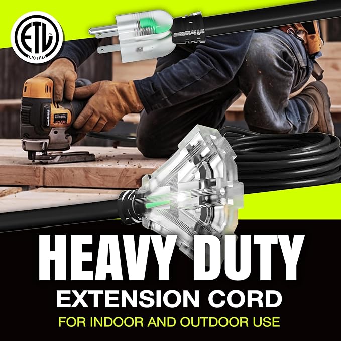 75ft Outdoor/Indoor Extension Cord 3-Outlet 12/3 Gauge Extra Heavy Duty ETL Listed, 3 Prong SJTW, Waterproof, Flexible Cold-Resistant Long Power Cord,15A 125V 1875W, Black by LifeSupplyUSA