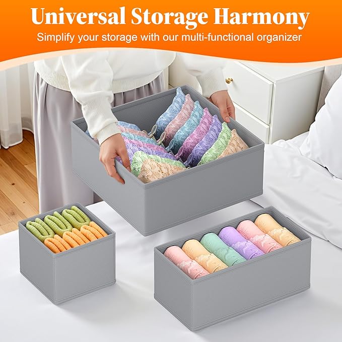 Drawer Organizer Clothes, 24 Pack Drawer Organizers and Underwear Organizer for Nursery, Dividers Clothes Organizer, Closet Organization and Foldable Storage Bins for Socks, Bra, Tie, Grey