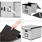 Huolewa Upgraded Portable File Organizer Box with Lid, Collapsible Linen Hanging Filing Storage Boxes with Plastic Slides, Decorative Home/Office Filing System Box for File and Folders Storage (Gray)