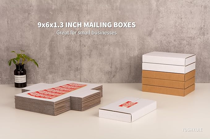 9x6x1.3 inch Small Shipping Boxes, Multi-Depth Flat Cardboard Boxes with Fragile Stickers for DVD Shipping, Packing, Moving, Storage, White, 25 Pack