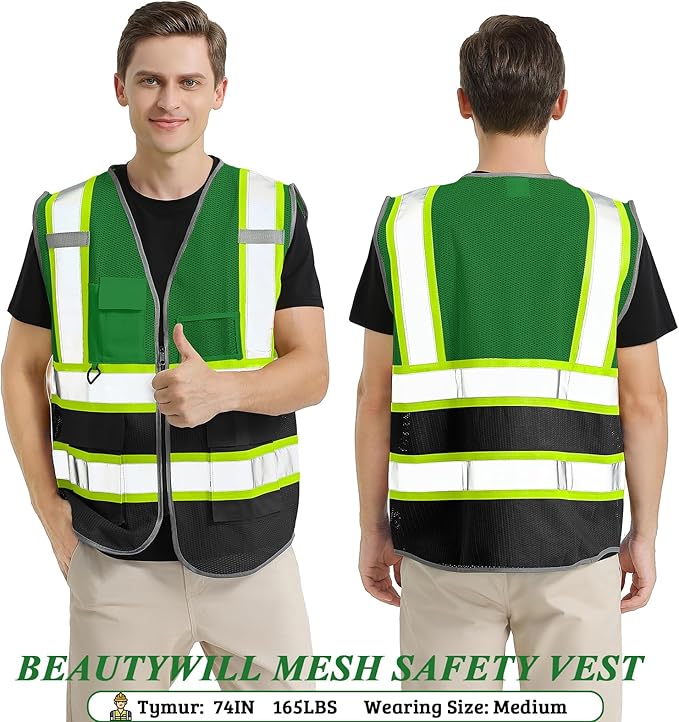5 Pack Custom Safety Vest Customized Logo Mesh Vest Class 2 High Visibility Reflective Vest with Pockets Workwear（Green Black，XXL ）