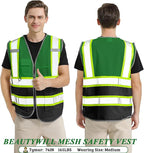 BeautyWill Custom Safety Vest Customized Logo Mesh Vest Class2 High Visibility Reflective Vest with Pockets Workwear（Green Black，XL ）