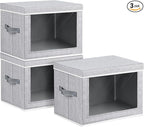 Large Storage Baskets Bins with Lids - Stackable Cube Bins for Closet, 3 Pack Windows Organizer Bins, Home Organizers and Storage for Clothes, CD, Towels, Light Grey
