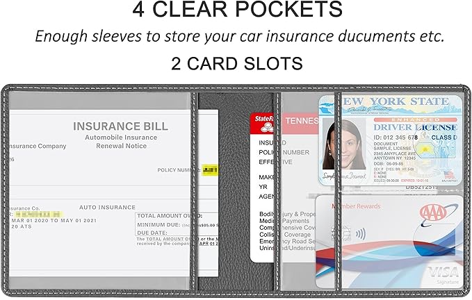 Car Registration and Insurance Holder, Premium PU Leather Vehicle Glove Box Car Organizer Men Women Wallet Accessories Case for ID, Driver's License - Grey