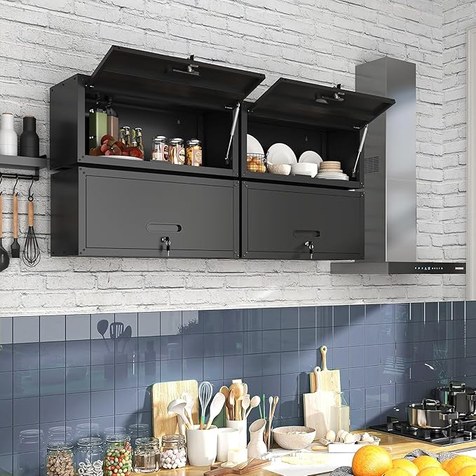 Metal Garage Wall Cabinet with Lock, Wall Mounted Metal Storage Cabinets with Flip-Up Doors, Lockable Floating Tool Storage for Garage Basement Utility Room