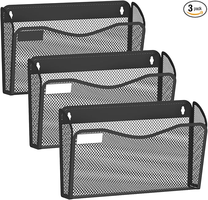 Wall File Organizer, Mesh Hanging File Organizer, Home Office Organization and Storage, 3 Single Pockets Document Magazine Rack