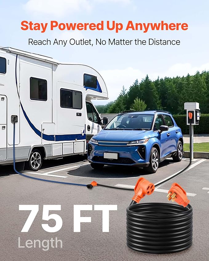 VEVOR 75 FT RV Extension Cord, 50 Amp, 125V/250V 7500W Heavy Duty STW 6/3 + 8/1 Gauge Wire, NEMA 14-50P Male NEMA 14-50R Female Plug, with LED Indicator, Handle, 15A Adapter for RV Trailer, ETL Listed