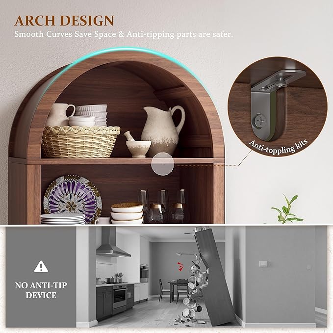 Arched Kitchen Pantry, 5-Tier Arched Cabinet with Fluted Doors, Storage Cabinet with Open & Adjustable Shelves, Versatile Cupboard for Dining Room, Living Room, Walnut