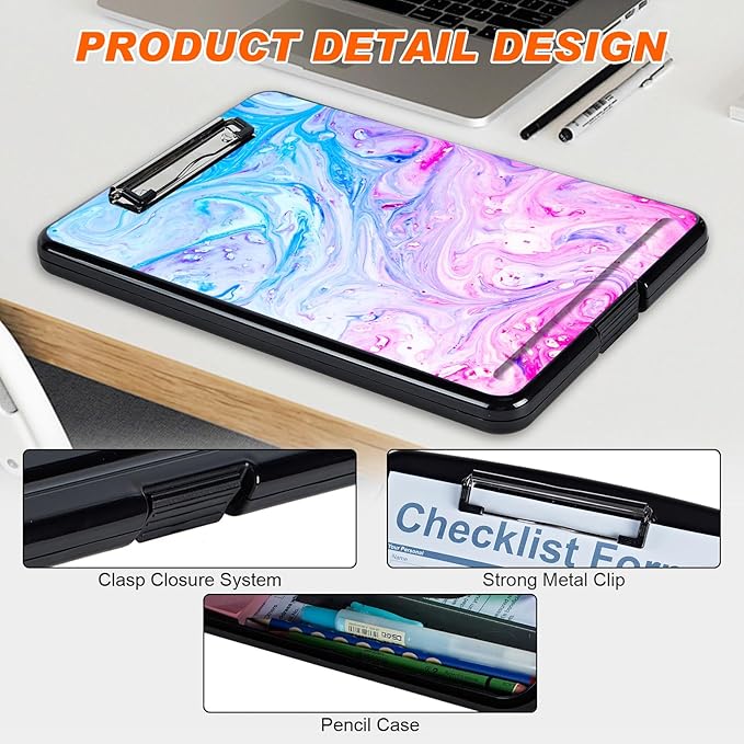 Side Opening Clipboard With 2 Storage & Pen Holder - Blue Personalized for Teachers, Nurses, Business People - Marble Enclosed Heavy Duty Contractor Clipboard