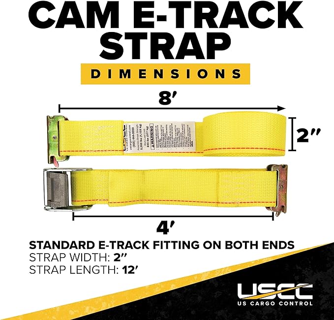US Cargo Control E-Track Cam Buckle Straps (8-Pack), 2 Inch x 12 Foot E Track Straps with Cam Buckle and Spring E-Fittings, 2,500 LBS Break Strength, Easy-to-Use Tiedowns in Vans and Trailers