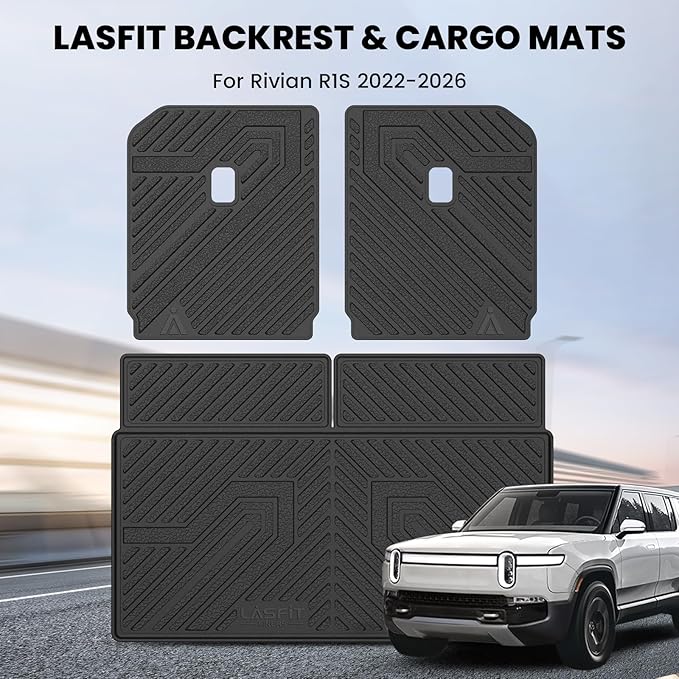 LASFIT Trunk Mat & Backrest Mats for Rivian R1S 2026 2025 2024 2023 2022, All Weather TPE Custom Fit Cargo Liner for R1S Cargo Mat, Black, Easy to Clean