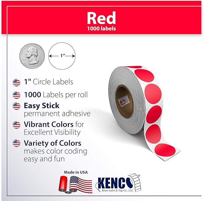 Kenco Color Coding Circle Dot Sticker Labels on a roll (RED, 1 INCH 1000 Stickers)