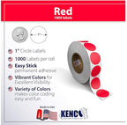 Kenco Color Coding Circle Dot Sticker Labels on a roll (RED, 1 INCH 1000 Stickers)