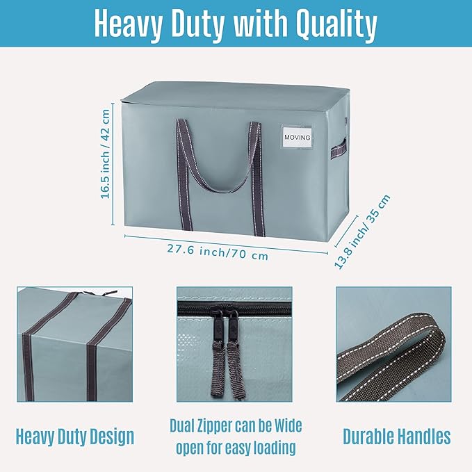 VENO 6 Pack Moving Bags and Large Christmas Storage Bins with lids. Alternative to Moving Boxes, Packing Supplies for College. Extra Large Heavy Duty Totes for Packaging (Light Blue Matte, 6 Pack)