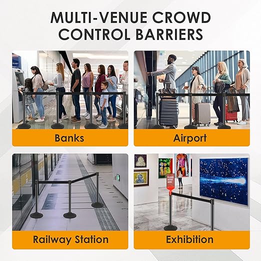 6 Pack Stanchions with Retractable Belts - Heavy Duty Crowd Control Barriers with Weighted Rubber Base, 10FT Retractable Belt Stanchions for Queue Line, Events, Public Safety(Black，6 Pack）