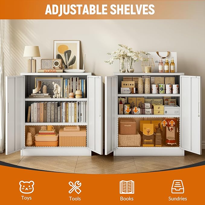 BESFUR Metal Storage Cabinet 36"H, Steel Garage Storage Cabinet with 2 Lockable Doors and 2 Adjustable Shelves, Garage Cabinet for Home Office, Garage,School, Apartment, Warehouse, Utility Room,White