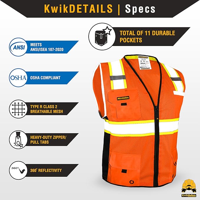 KwikSafety - Charlotte, NC - BIG KAHUNA Safety Vest [2 PACK] Class 2 ANSI OSHA Reflective Vest Durable High Visibility Vest Construction Safety Vest for Men Industrial Work Gear/Orange XL
