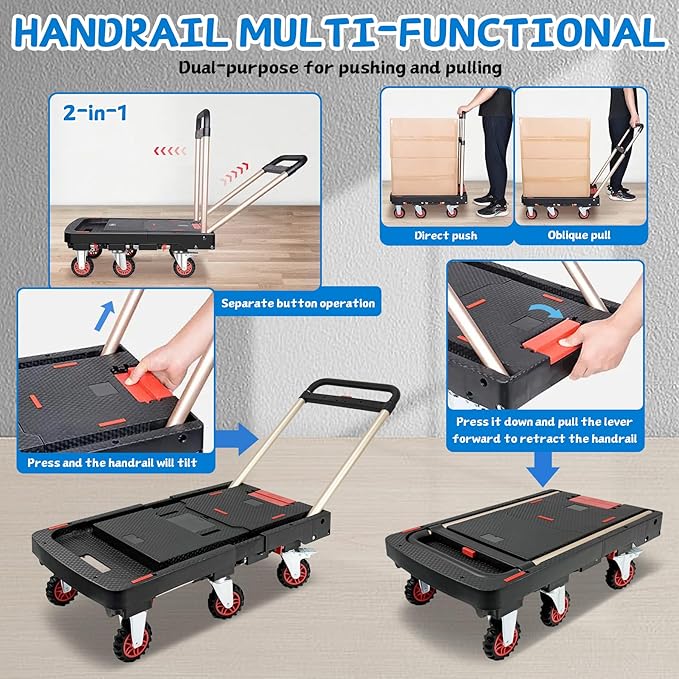 Heavy Duty 500lbs Capacity Hand Truck Collapsible Cart w/Brake Wheel, Retractable Platform & Handle,Sponge Grip,Portable Dolly Cart for Luggage,Camping,Delivery & Storage