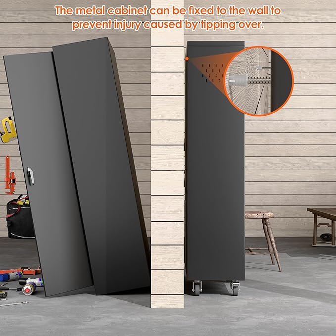 Aobabo Metal Broom Closet Storage Cabinet on Wheels and 2 Lockable Doors, Steel Cleaning Cabinet for Garage with Pegboards and Hooks,Mop Storage Cabinet,Black,Assembly Required
