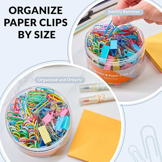 NEEWAY 300pcs Paper Clips and Binder Clips Assorted Sizes with 100 Sheets Sticky Notes, Colored Paper Clips Set for Home, Office Supplies