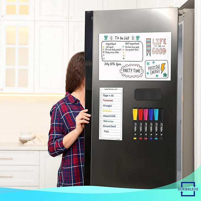 Magnetic White Board for Fridge - 8'X12' Dry Erase Board with 6 Markers - Refrigerator Magnet