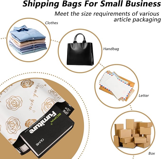 Thank You Poly Mailers 10x13 Inch 25 Pcs - Gold Rose Printed Shipping Bags for Clothing - Waterproof and Tear Resistant Mailing Envelopes - Self-Sealing Packaging Bags for Small Business