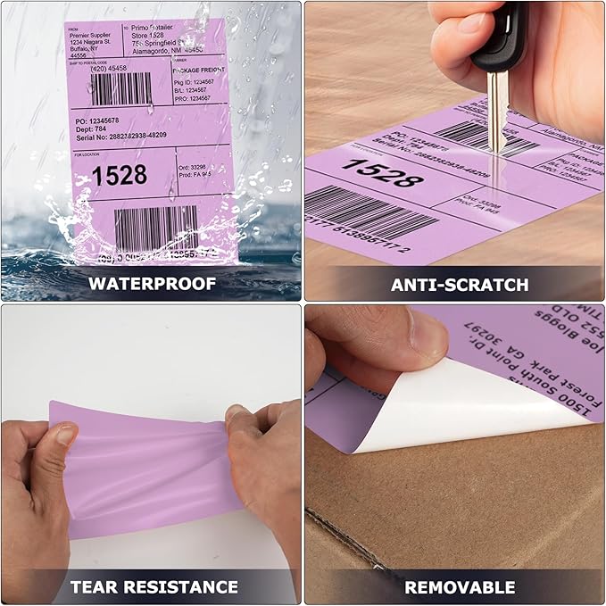 Purple Direct Thermal Labels 4 × 6 Inch Vinyl Self-Adhesive Fanfold Shipping Stickers Waterproof Perforated Printer Decal for Office Warehouse Home 500 PCS