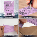 Purple Direct Thermal Labels 4 × 6 Inch Vinyl Self-Adhesive Fanfold Shipping Stickers Waterproof Perforated Printer Decal for Office Warehouse Home 500 PCS
