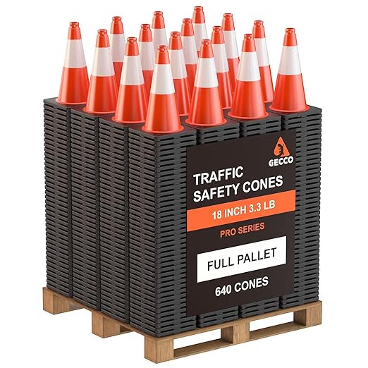 GECCO ™ (640 Cones per Pallet) 18 Inch 3.3 Lb Small Orange Traffic Cones in Bulk | Wholesale Safety Cones, Orange Cones, Parking Cones, Construction Cones | PVC Plastic & Black Base - [PRO Series]