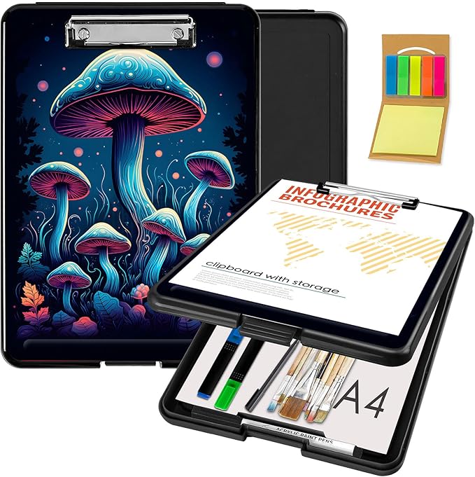 Clipboard with Storage,Office Supplies Nursing Clipboards Folder with Pen Holder Plastic Foldable Clip Board with Storage for Nurse Teacher,Colorful Mushroom