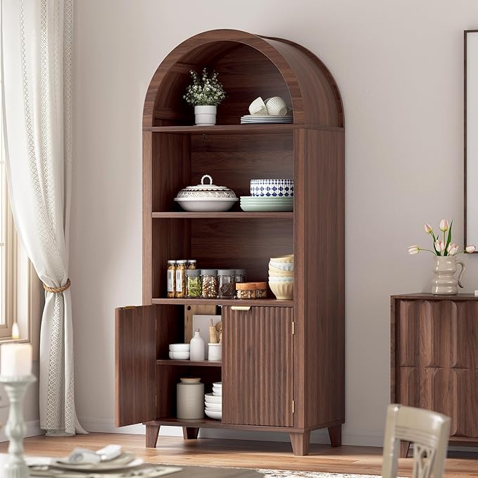 Arched Kitchen Pantry, 5-Tier Arched Cabinet with Fluted Doors, Storage Cabinet with Open & Adjustable Shelves, Versatile Cupboard for Dining Room, Living Room, Walnut