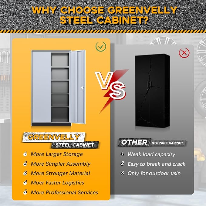 Greenvelly Metal Garage Storage Cabinet with 2 Doors and 4 Adjustable Shelves, 72”H Steel Lockable Storage Cabinet,Tall Metal Cabinet Locking File Cabinet for Office,Home, Garage, Gym, School