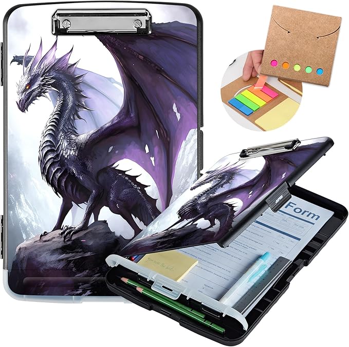 Clipboard with Storage,Storage Clipboard with Pen Holder,Heavy Duty Plastic Storage Clipboard with Low Profile Clip, Clipboard Folder, Teacher Must Haves, Office Supplies,Purple Dragons