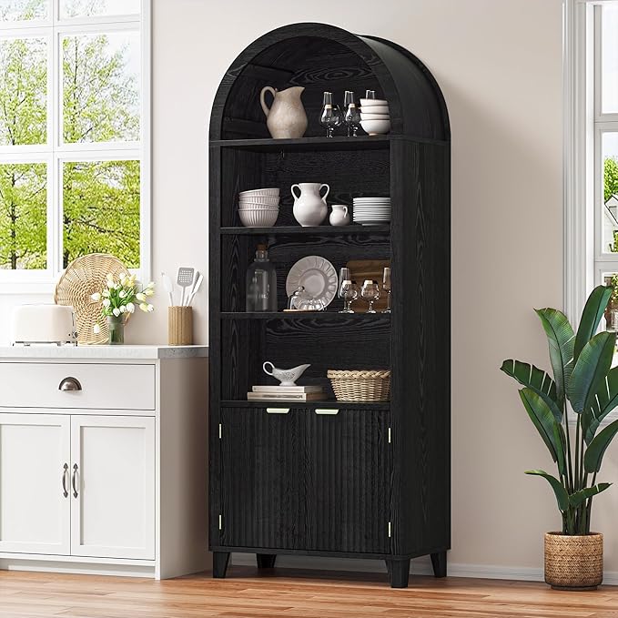79.9" Tall Arched Pantry Cabinet, 6-Tier Kitchen Pantry Cabinet with Fluted Doors, Arch Storage Cabinet with Open & Adjustable Shelves, Versatile Cupboard for Dining Room, Living Room,Black