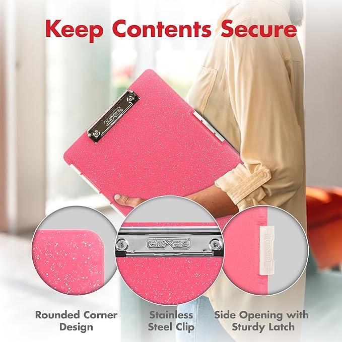 Dexas Slimcase 2 Plastic Clipboard with Storage Side Opening, Pink Glitter, Office Supplies Clipboards, Carry Store, A4 Holder, Style and Functionality Nursing Clipboards (Pack of 6)
