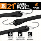 Rubber Bungee Cords with Hooks 10 Pack 21 Inch (32” Max Stretch) Heavy-Duty Black Tie Down Straps for Outdoor, Tarp Covers, Canvas Canopies, Motorcycle, and Cargo - by Xpose Safety