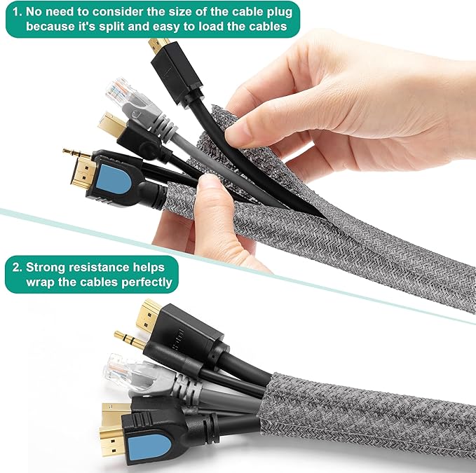 6.6ft - 1/2 inch Grey Cable Sleeve, Cable Organizer for Desk PC TV Computer, Wire Protector Cable Wrap Cover, Cord Management for Home Office