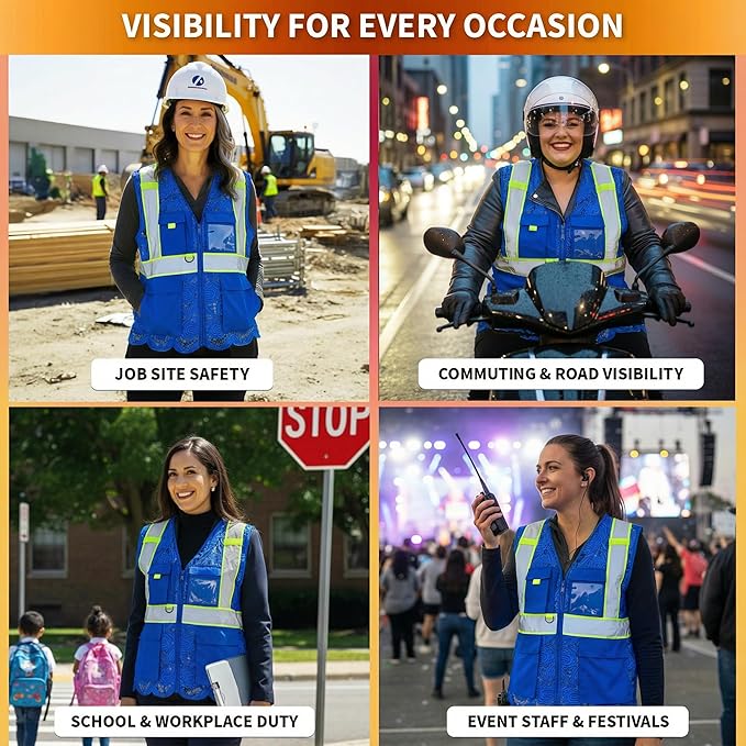 Lace-Mesh Safety Vest for Women & Men - Breathable, High Visibility Vest with Zipper & ANSI Class 2 Reflective Strips