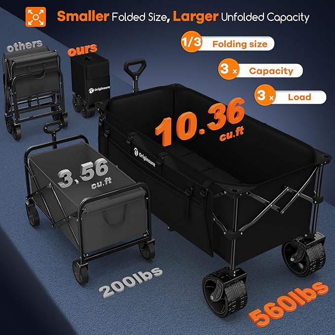 48" L Collapsible Wagon Cart Foldable, 560lbs Weight Capacity 300L Heavy Duty Folding Beach Wagons with Big All-Terrain Wheels, Utility Carts for Groceries, Shopping, Camping, Sports - Black
