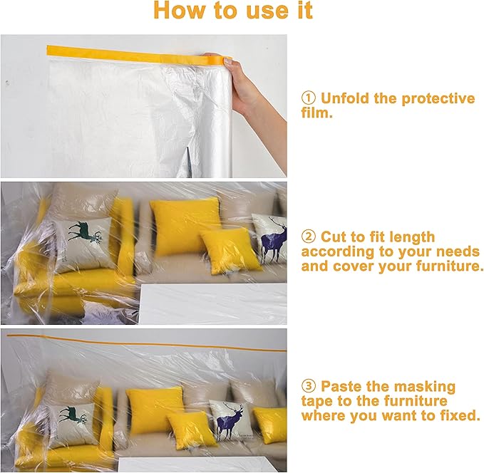 Muf 5 x 65 Feet Plastic Drop Cloth Plastic Sheeting with Masking Tape,Waterproof Protective Masking Film,Prevent Dust Paint for Car,Furniture,Carpet,Floor,3 Pack
