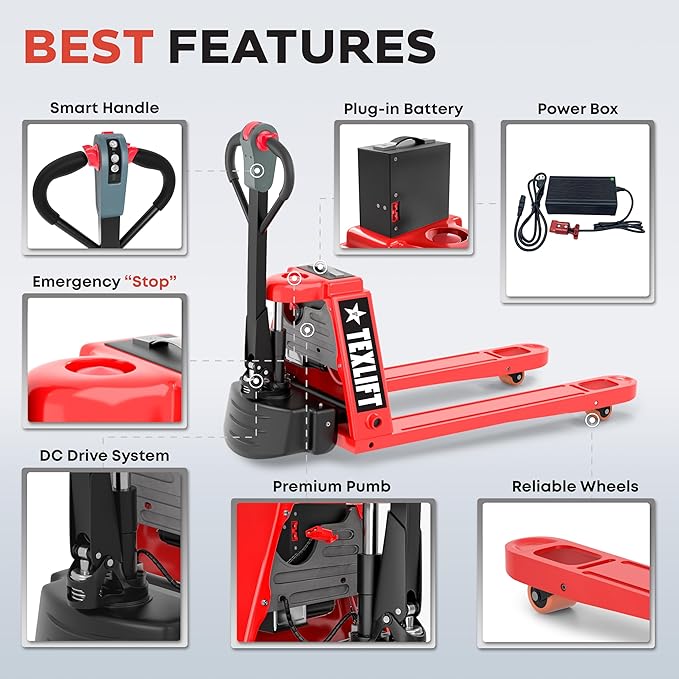 Full Electric Power Pallet Jack – Standard Duty Pallet Truck 4400 Lb Capacity, 48” L x 27” W Fork Size, Plug-in 48V/15A Lithium Battery – Max Lift Height 7.8 Inch - (US-EPT44K-FE)