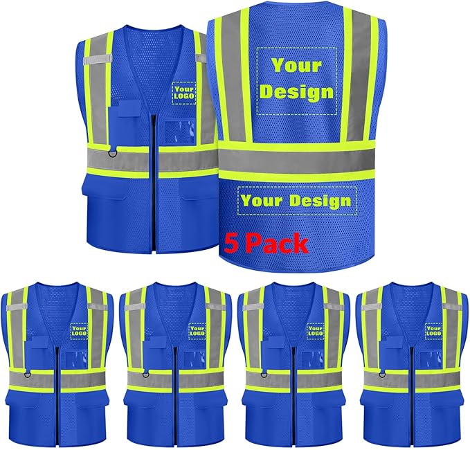 Safety Vest Customize Logo with 5 Pockets & Zipper Reflective High Visibility Vest Class 2 Outdoor Workwear