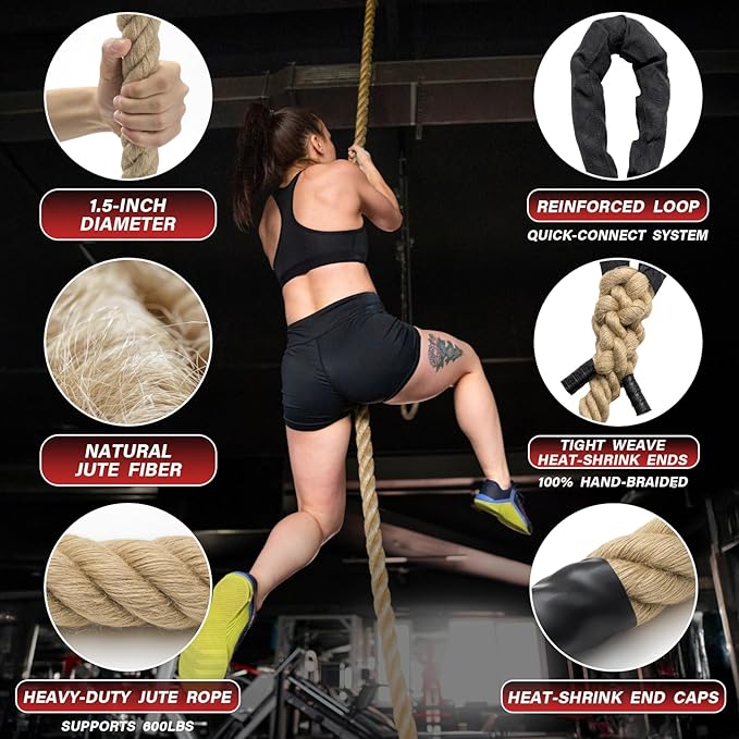 Climbing Rope Gym Workout - 10FT 15FT 20FT 25FT 30FT 35FT Heavy Duty Jute Thick Ropes for Adults Strength Training Outdoor Tree Swing Indoor Home Fitness Exercise - 1.5 Inch